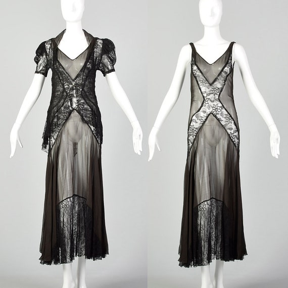 XS 1930s Black Dress Matching Jacket Sheer Silk Ch