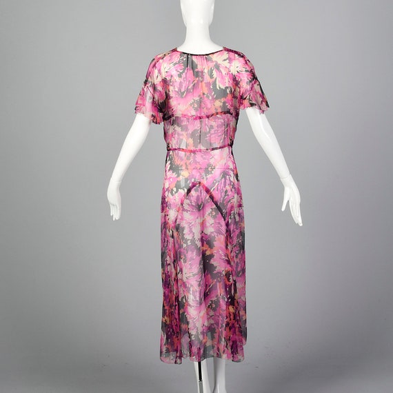 XXS 1930s Dress Pink Floral Silk Dress Short Flut… - image 3