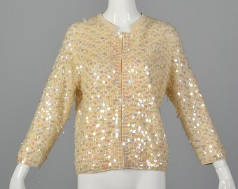 Large 1960s Deadstock Wool Cardigan Dangling Paillettes Long Sleeve Cardigan Sequin Detail Wool Sweater 60s Vintage