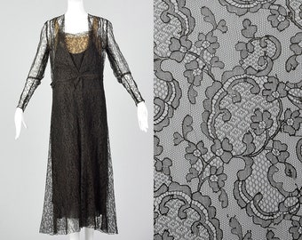 XS 1930s Dress Black Lace Evening Dress Sheer Lace Long Sleeves Art Deco Evening Wear Cocktail Party 30s Vintage