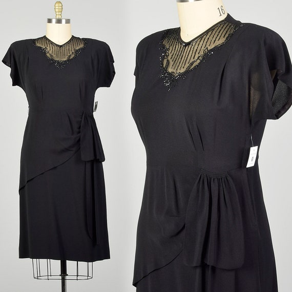 XL 1940s Little Black Dress Rayon Volup Beaded LB… - image 1