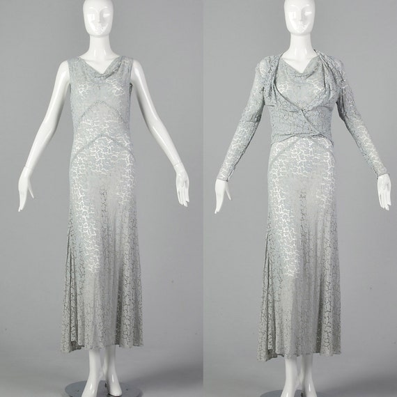 Small 1930s Blue Lace Dress and Jacket Deco Dress