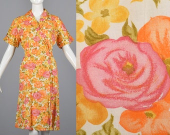 Medium 1960s Dress Orange Floral Cotton Wrap Dress Short Sleeves Casual Day Wear Spring Summer 60s Vintage