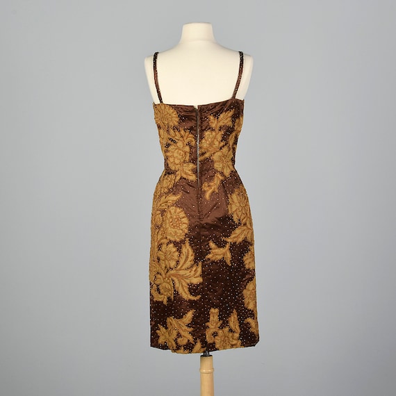 XS 1950s Dress Brown Satin Dress Lace Applique Sl… - image 2