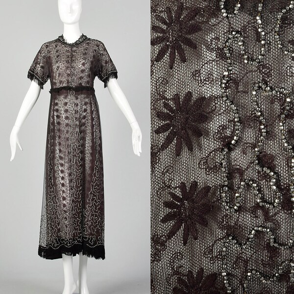 XS 1910s Dress Edwardian Sheer Black Floral Purple Lace Beaded Details Fringe Antique WWI Gown