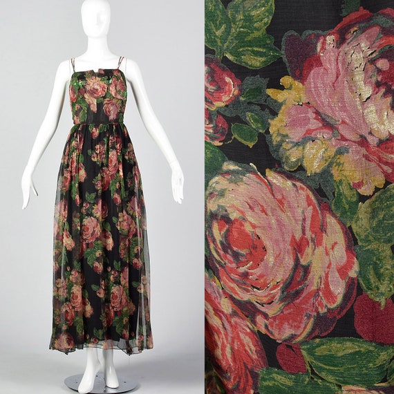 XS 1960s Floral Evening Gown Floral Applique Bust… - image 1