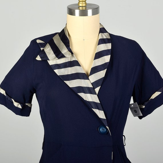 Large 1950s Dress Asymmetric Navy Striped Collar … - image 3
