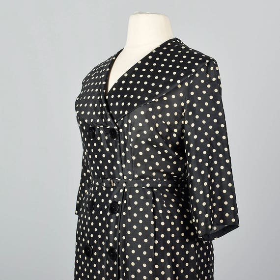 XL 1950s Black Silk Polka Dot Dress Double Breast… - image 5