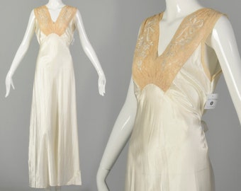 Small 1930s Bridal Nightgown Satin Lingerie Lace Tie Back Waist Honeymoon Sleepwear