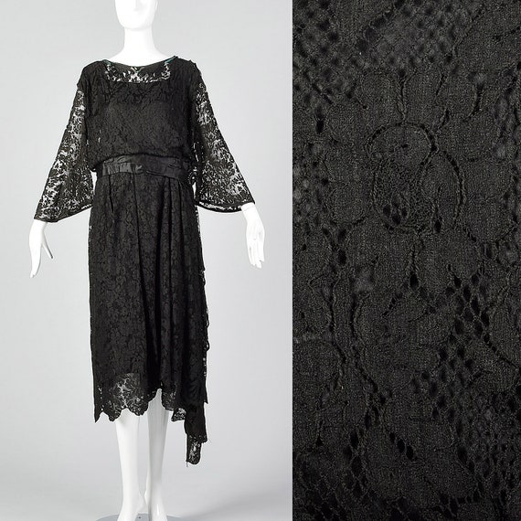 1920s Black Lace Dress Hip Sash and Bell Sleeves … - image 1