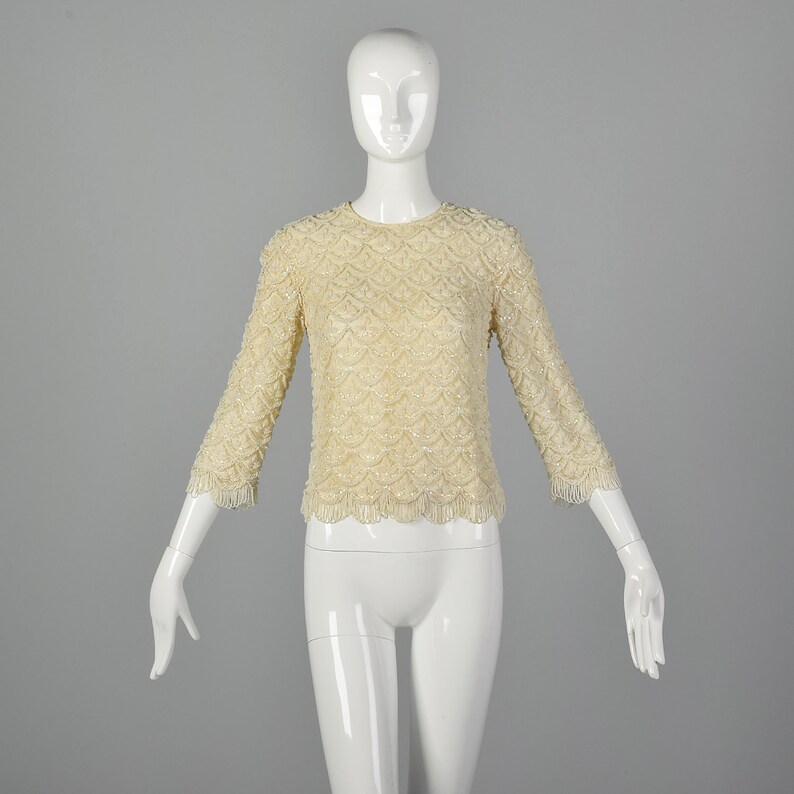 XXS 1960s Beaded Blouse in Ivory Vintage Beaded Top 60s Beaded Blouse Wedding Blouse Extra Small Wedding Top