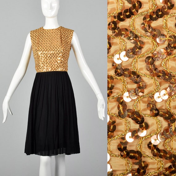 Small 1960s Party Dress Gold Sequin Bodice Sleeve… - image 1