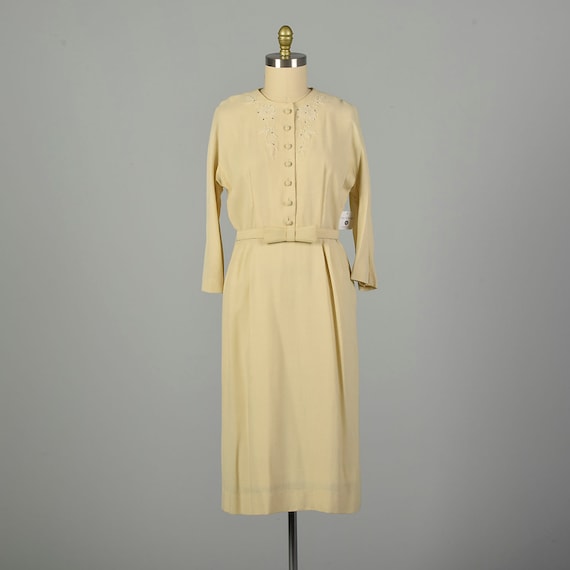 XL 1960s Dress Cream Shirtwaist Rhinestone Classi… - image 1