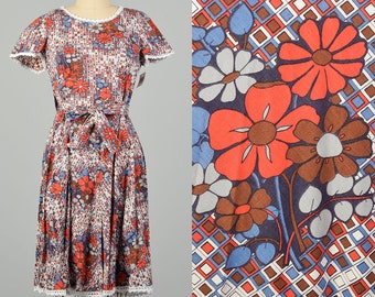 Small-Large 1960s Orange and Blue Floral Wrap Dress