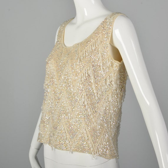 Large 1960s Sleeveless Beaded Sweater Blouse Ivor… - image 2