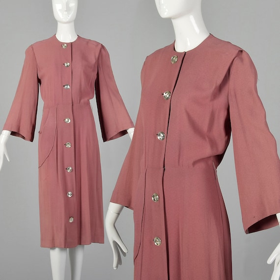 XXS 1940s Day Dress Mauve Button Front Dress Vint… - image 1