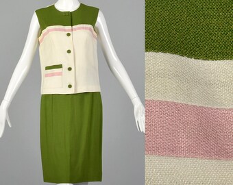 Small 1960s Linen Two Piece Dress Boxy Blouse Skirt Set Color Block Dress 60s Two Piece Dress Vintage Dress