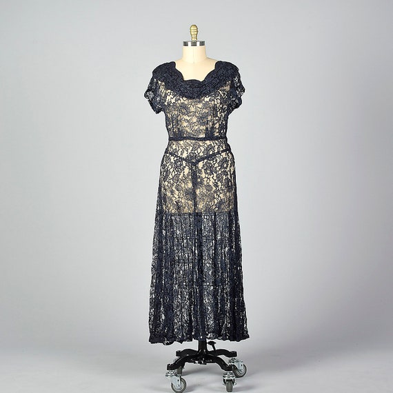 XL 1940s Navy Blue Lace Dress Sheer Overlay Metal