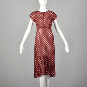 XXS 1930s Red Dress White Polka Dots Sheer Silk Chiffon Cranberry Christmas Holiday Day Dress