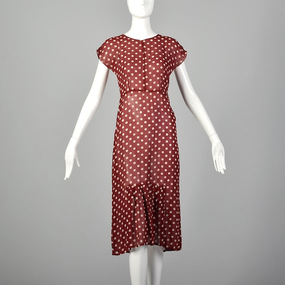 XXS 1930s Red Dress White Polka Dots Sheer Silk Ch