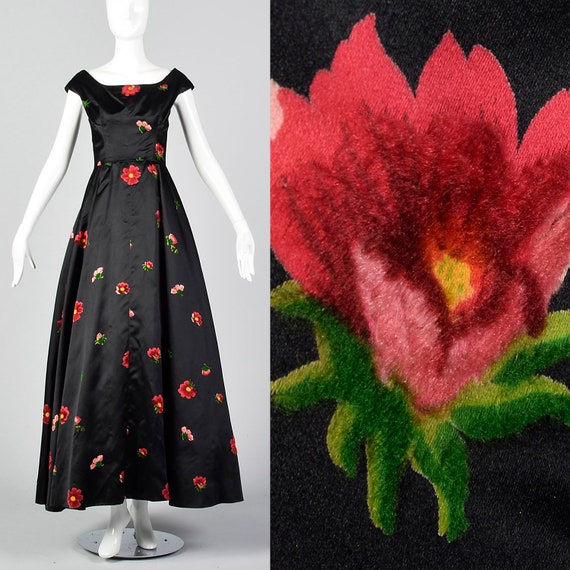 XS 1950s Hattie Carnegie Floral Gown Black Vintage
