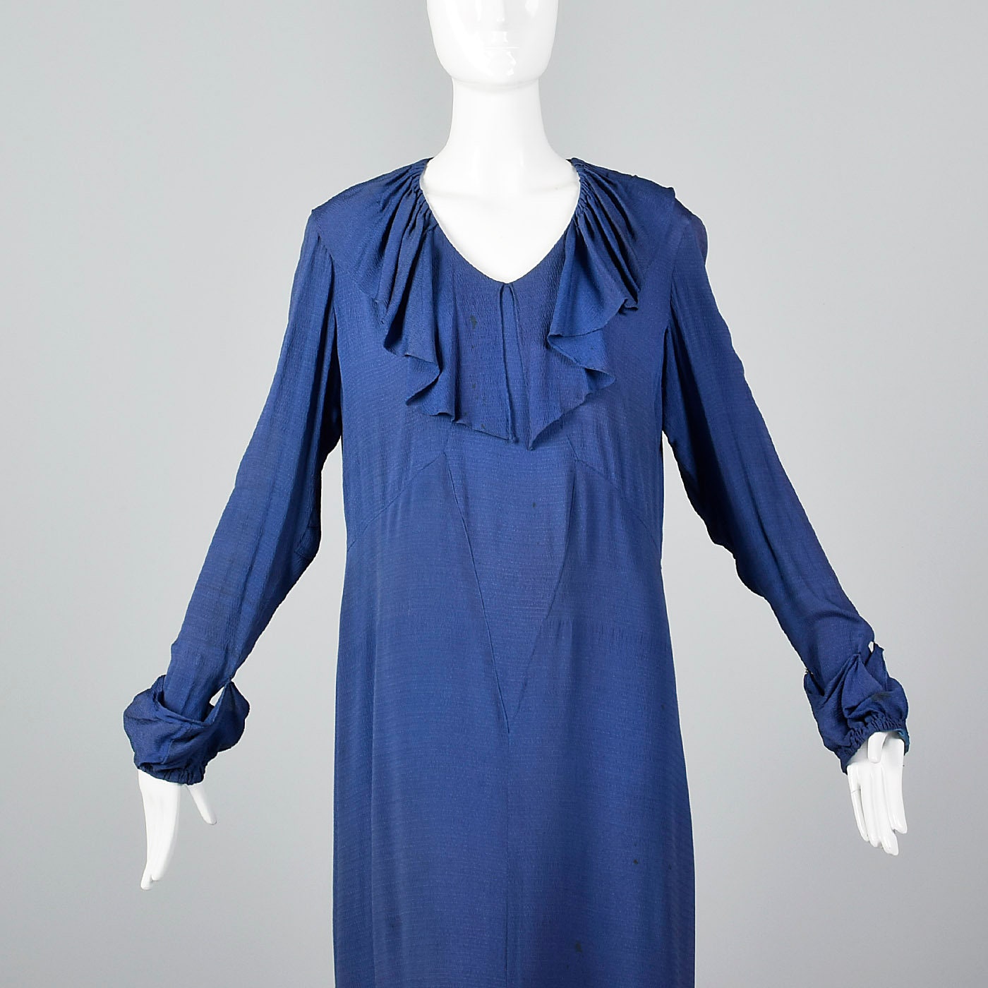 Large 1930s Dress Blue Day Dress Ruffle Neckline Long Sleeves Day Wear ...