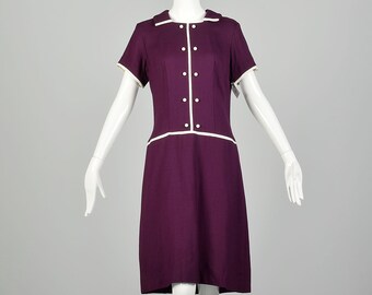 1960s Plum Purple Mod Shift Dress Short Sleeve Summer GoGo Casual Drop Waist