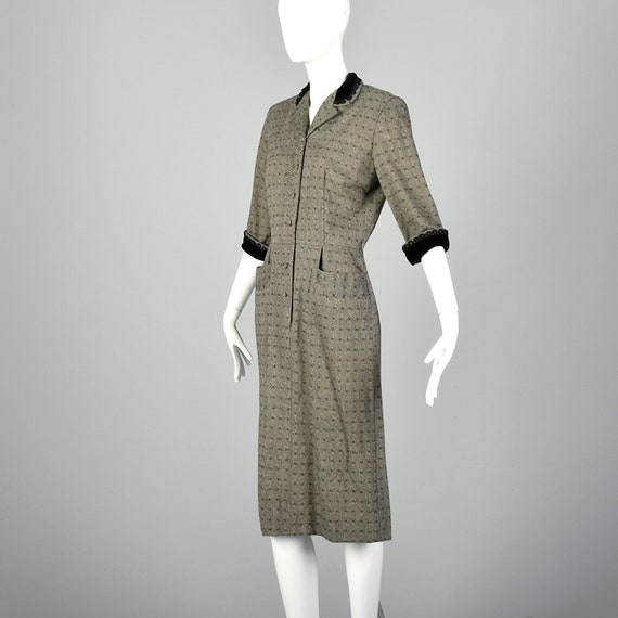 XS 1940s Wool Dress Black Velvet Trim Pockets Sou… - image 3