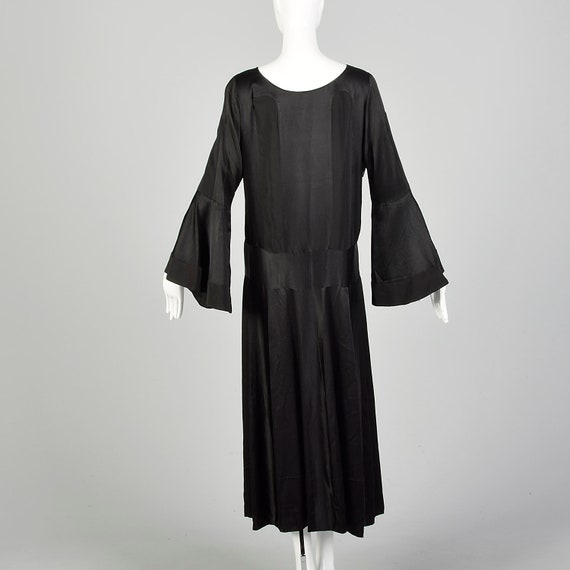 Large 1920s Silk Dress Trumpet Bell Sleeve Black … - image 2
