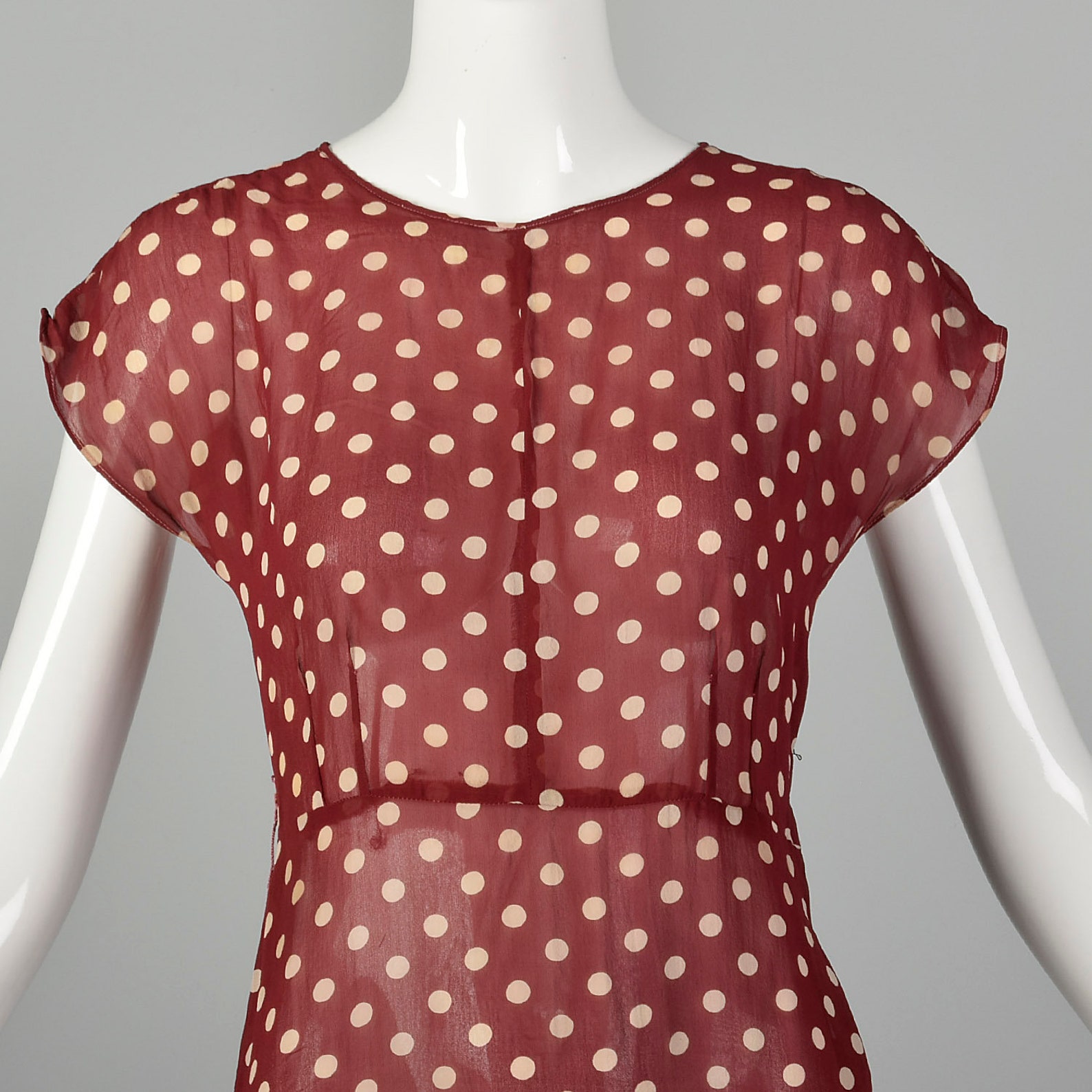 XXS 1930s Red Dress White Polka Dots Sheer Silk Chiffon Cranberry ...