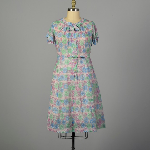 XXL 1950s Day Dress Semi-Sheer Floral Lightweight… - image 1
