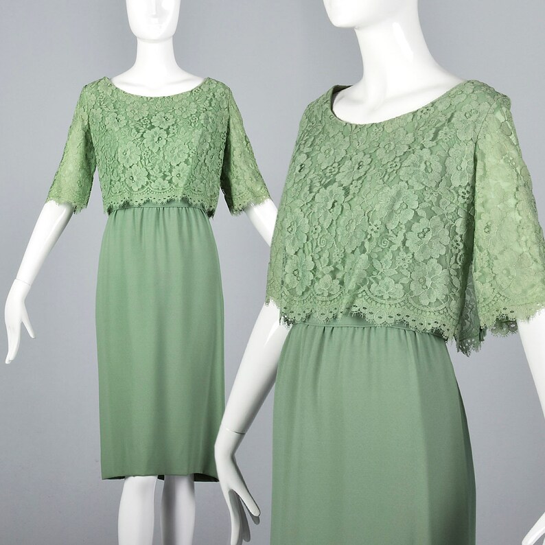 Medium Emma Domb 1960s Dress Green Cocktail Dress Lace Overlay Party Outfit Evening Wear Elbow Sleeves Summer Style Vintage 60s