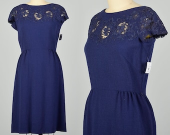 Large 1950s Blue Knit Dress with Lace Neckline