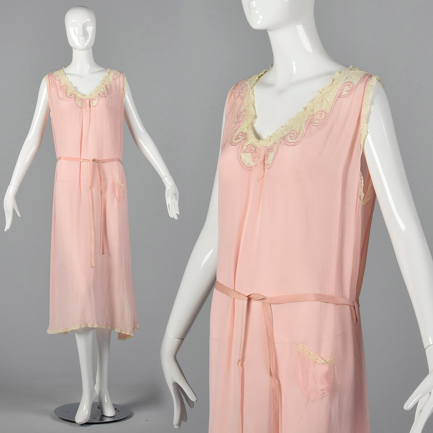 XL 1920s Pink Silk Nightgown Vintage Sleepwear Loungewear Lace