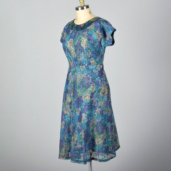XL 1950s Dress Blue Floral Print Dress Floral Chi… - image 3