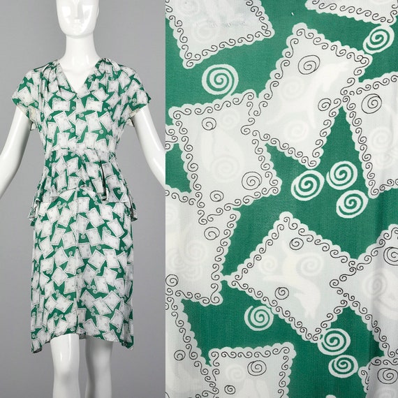 XS 1940s Novelty Print Dress 40s Rayon Dress Peplu