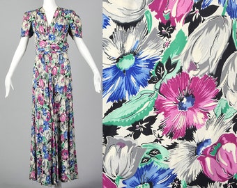 Small 1940s Floral Print Rayon Dress Short Sleeve Maxi Dress Large Floral Print Gathered Bodice Waist 40s Vintage