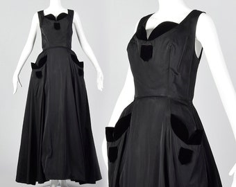 Small 1950s Dress Black Full Length Gown Velvet Trim Long Formal Gown Evening Dress Glamorous Evening Wear 50s Vintage