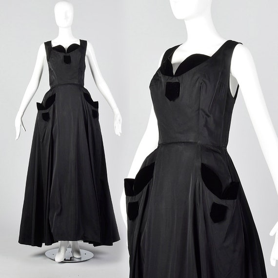 Small 1950s Dress Black Full Length Gown Velvet T… - image 1