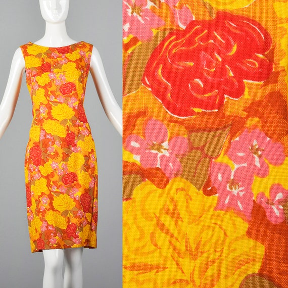 Small 1960s Bright Shift Dress Vibrant Floral Pri… - image 1