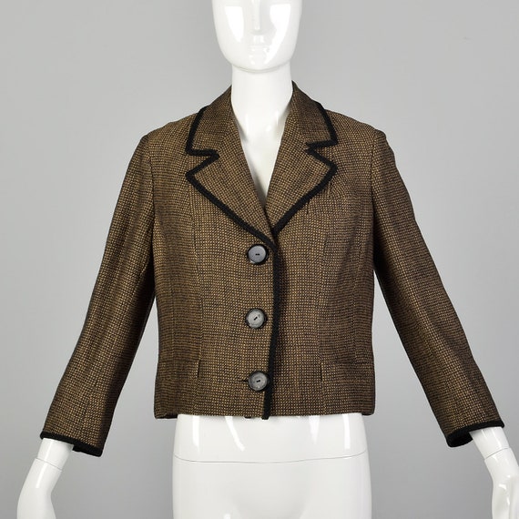 Large 1960s Brown Jacket Boxy Tweed Black Trim 3/4