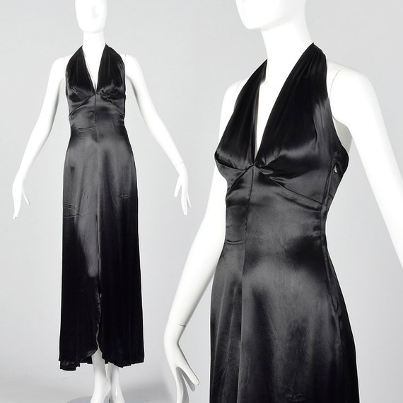 XXS 1930s Halter Dress Black Liquid Satin Evening