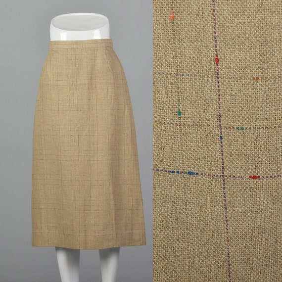 Small 1970s Beige Skirt Linen Plaid Plaid A Line