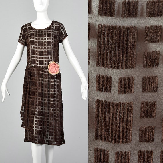 XS 1920s Brown Silk Devore Dress 20s Burnout Velve