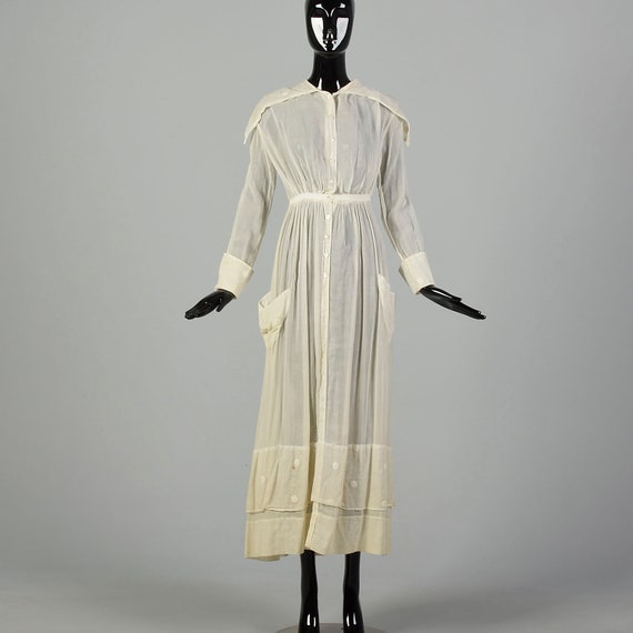 XS 1910s Cotton Lawn Summer Dress Edwardian Sheer… - image 1