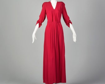Small 1940s Raspberry Pink Rayon Evening Gown Elbow Sleeves Slit Hem