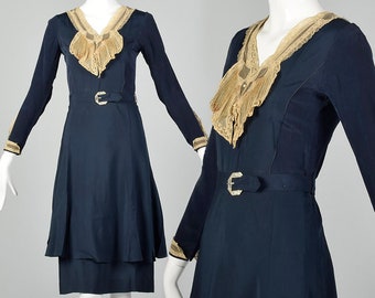 XS Frances Faire Frocks 1930s Navy Blue Lace Collar Dress
