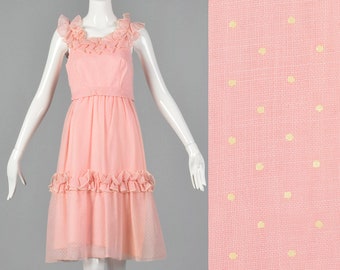 XS tragen der 1960er Jahre Kleid Rosa Schweizer Dot Kleid Rüsche Ausschnitt Frühling Tag Ostern Outfit ärmellose 60er Jahre Vintage