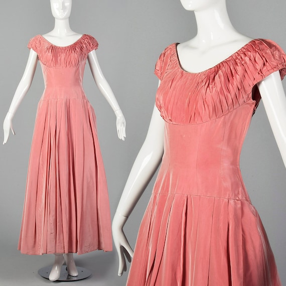 XS 1940s Pleated Taffeta Party Dress Short Sleeve
