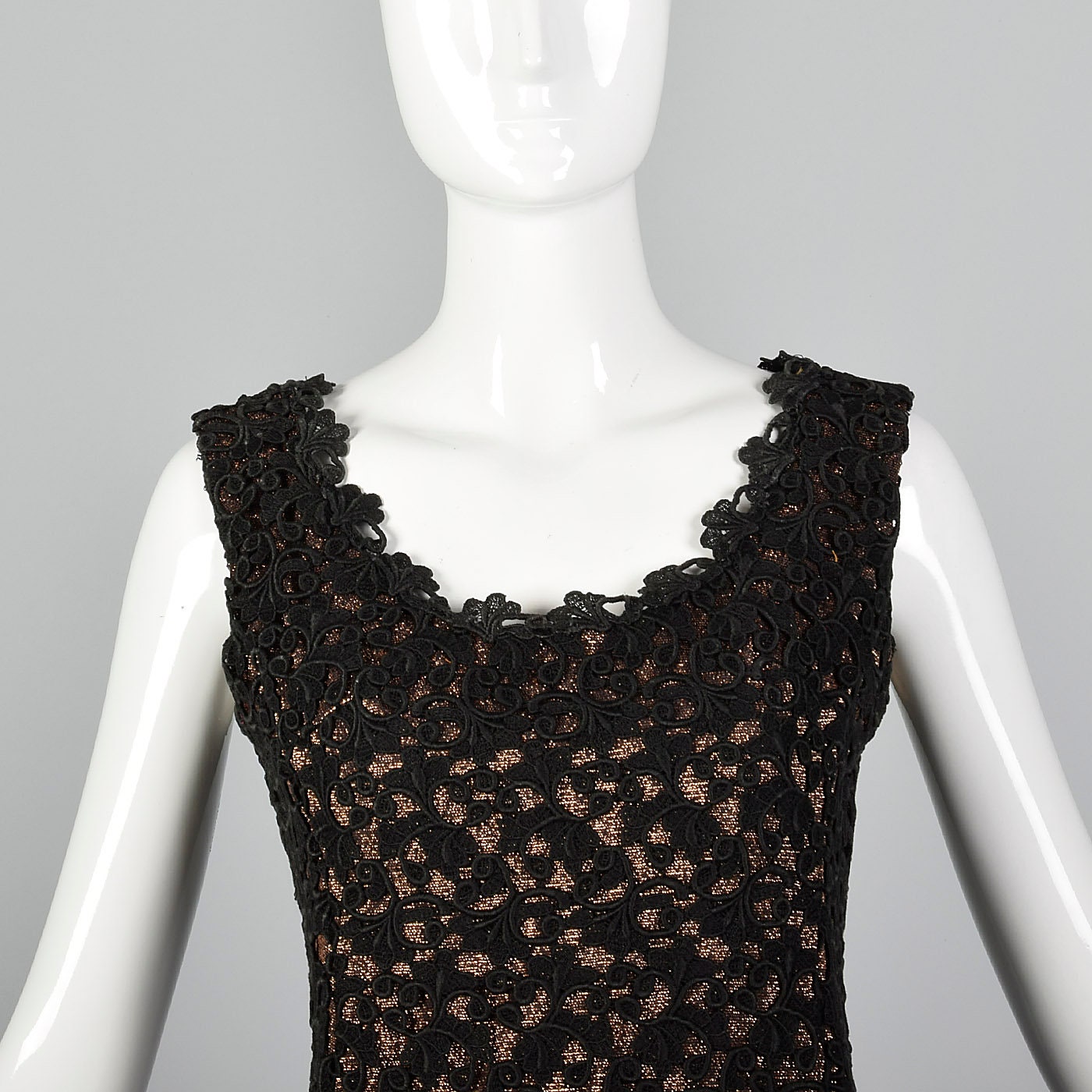 Small 1960s Bronze Lurex Dress Black Lace Overlay Sleeveless Evening ...
